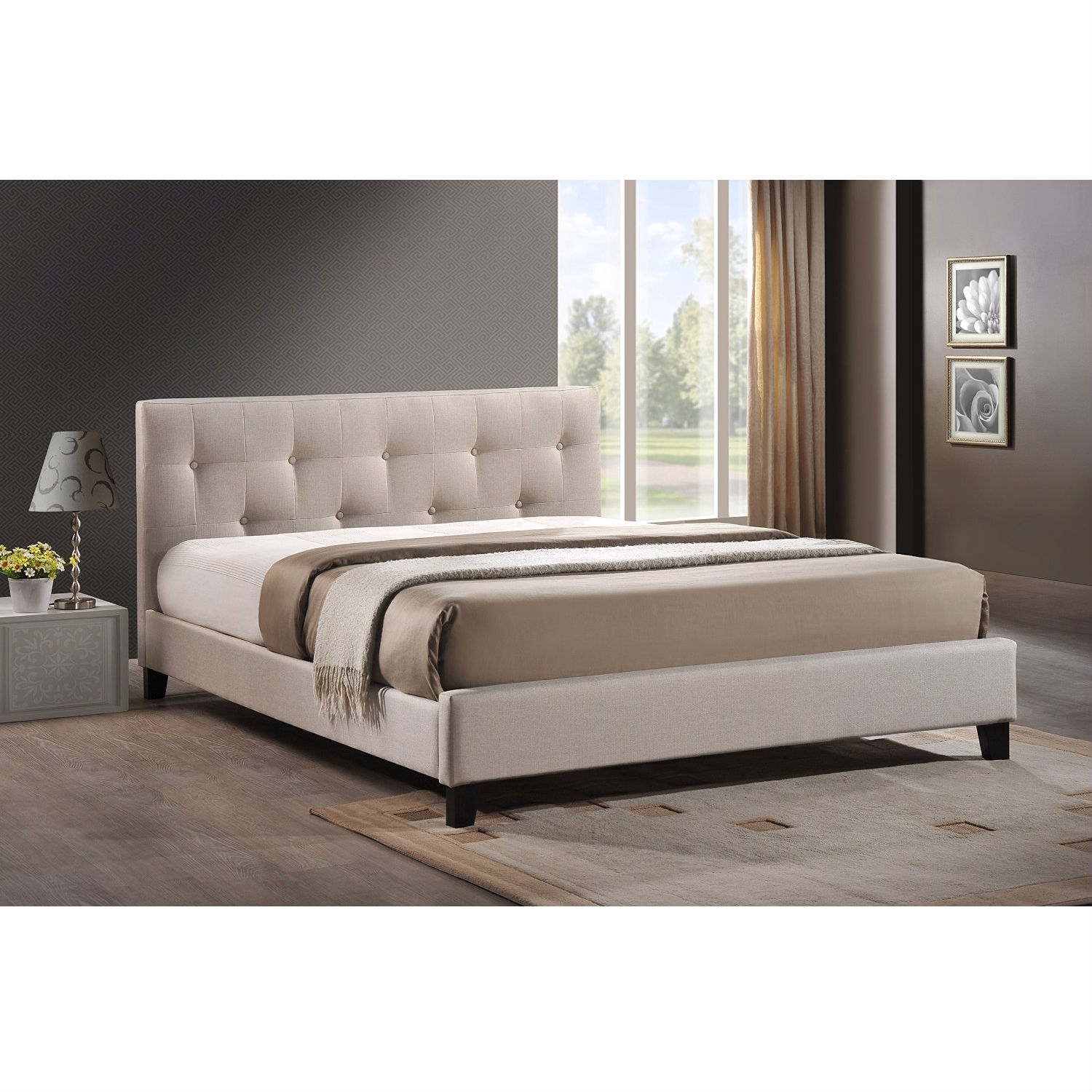 Queen size Beige Fabric Upholstered Platform Bed with Headboard