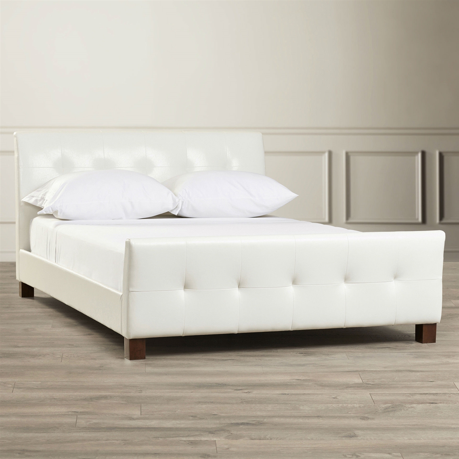 Full Modern White Faux Leather Platform Bed with Padded Headboard and Footboard