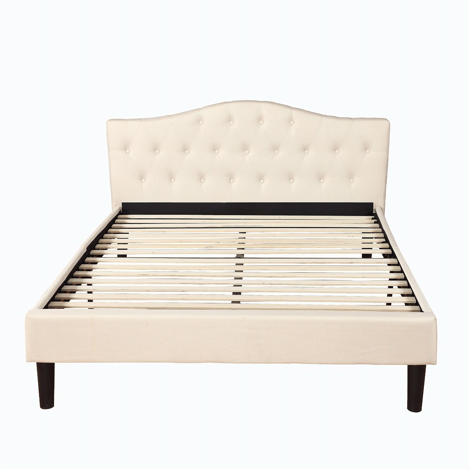 Queen size Ivory Linen Upholstered Platform Bed with Button-Tufted Headboard