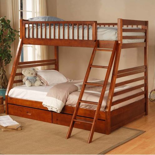 Twin over Full Bunk Bed with Storage Drawers in Oak Finish