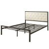 Full size Metal Platform Bed Frame with Beige Button Tufted Fabric Headboard