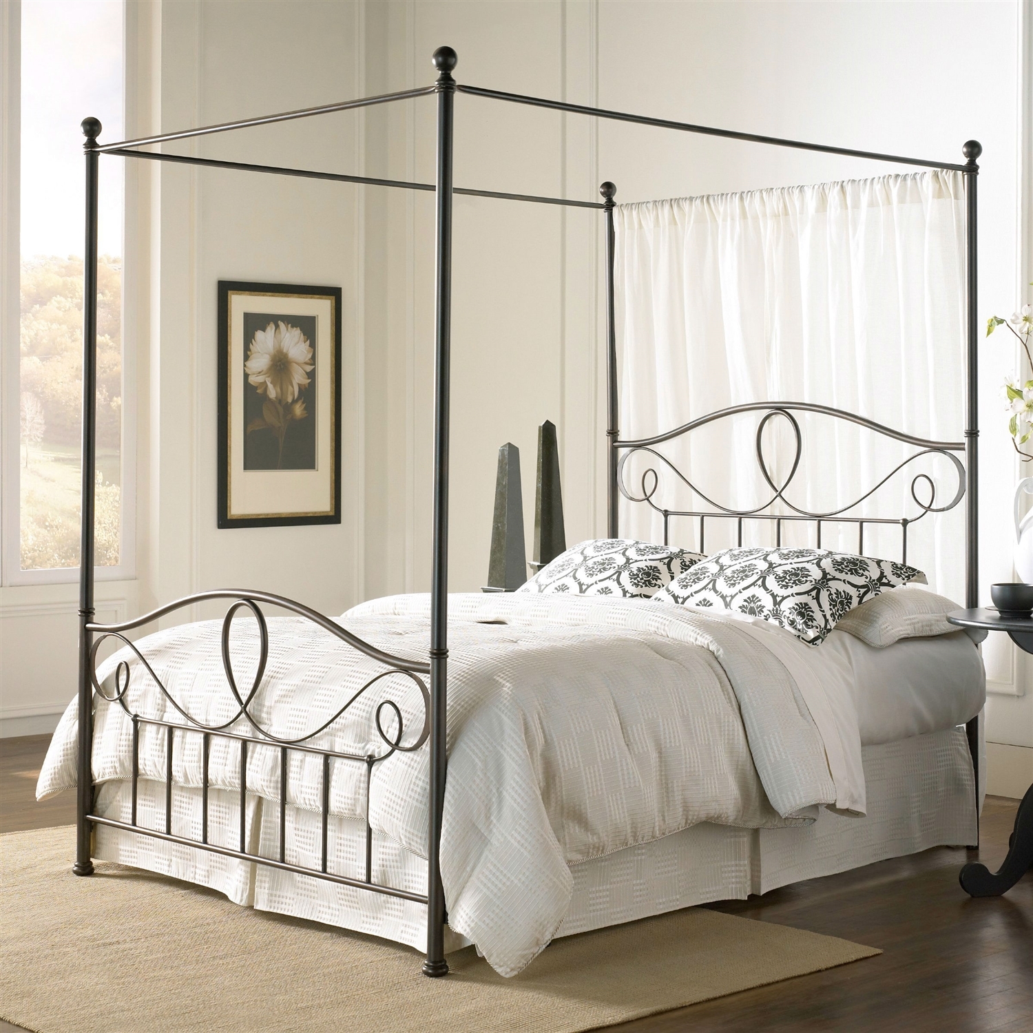 Full size Complete Metal Canopy Bed with Scroll-work and Ball Finials