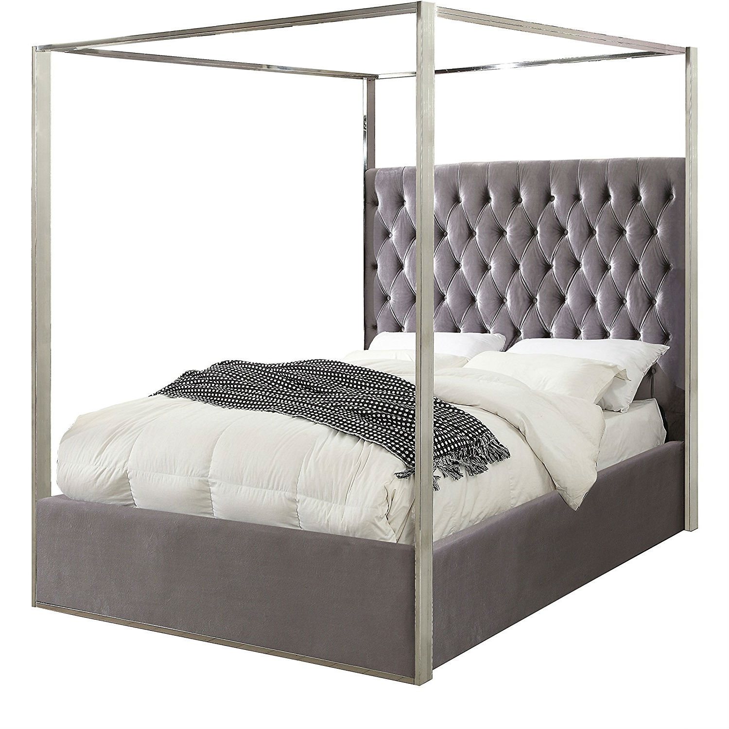 King size Grey Velvet Upholstered Canopy Bed with Chrome Canopy
