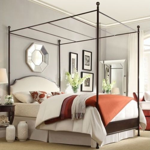 King size Metal Canopy Bed with White Cream Linen Upholstered Headboard