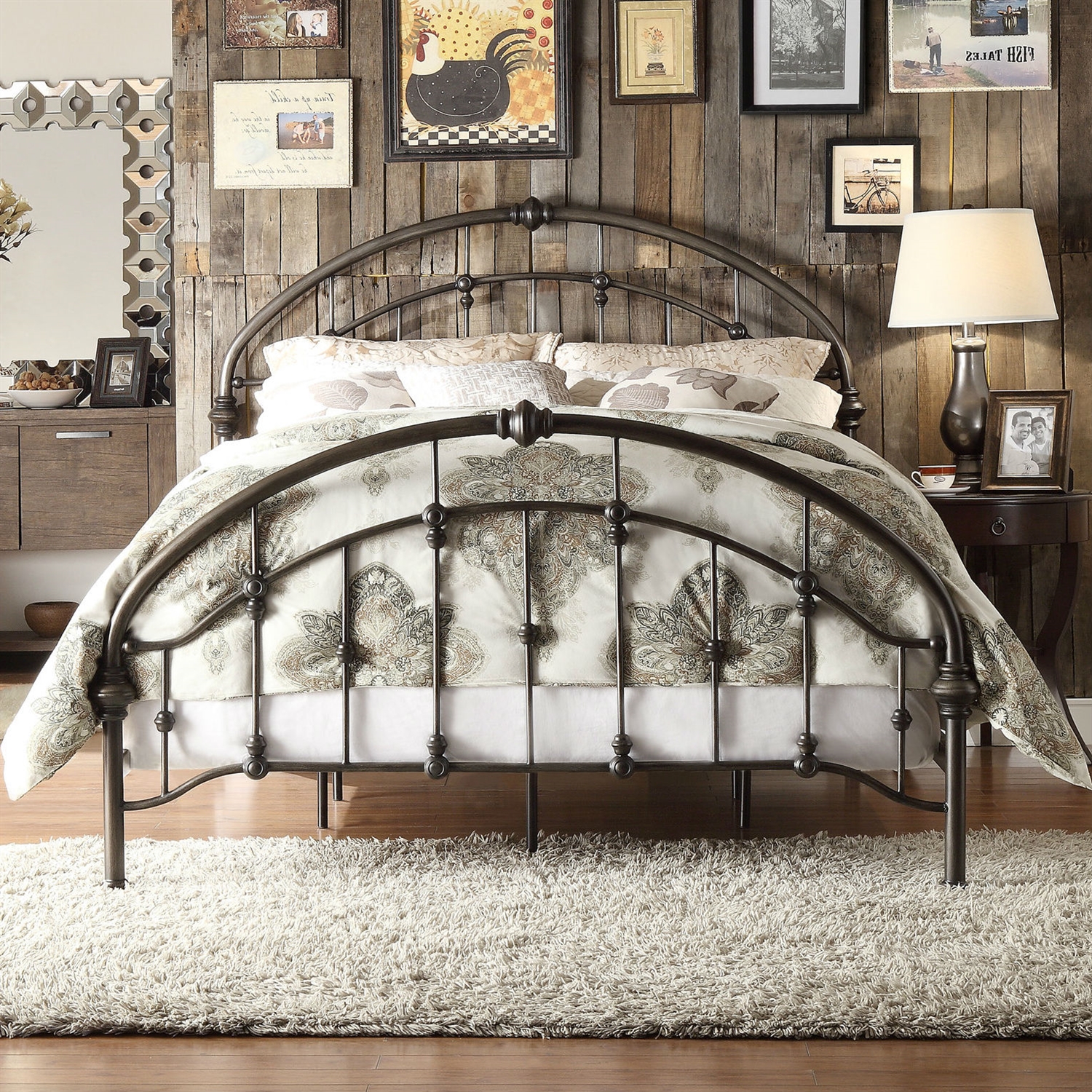 King size Antique Dark Bronze Metal Bed with Arch Headboard and Footboard