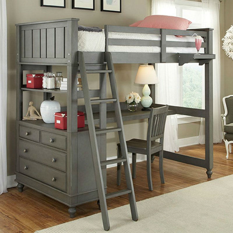 Twin Loft with Bed with Desk Chest and Ladder in Stone Wood Finish