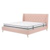 King size Pink Linen Upholstered Wingback Platform Bed Mid-Century Modern