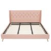 King size Pink Linen Upholstered Wingback Platform Bed Mid-Century Modern