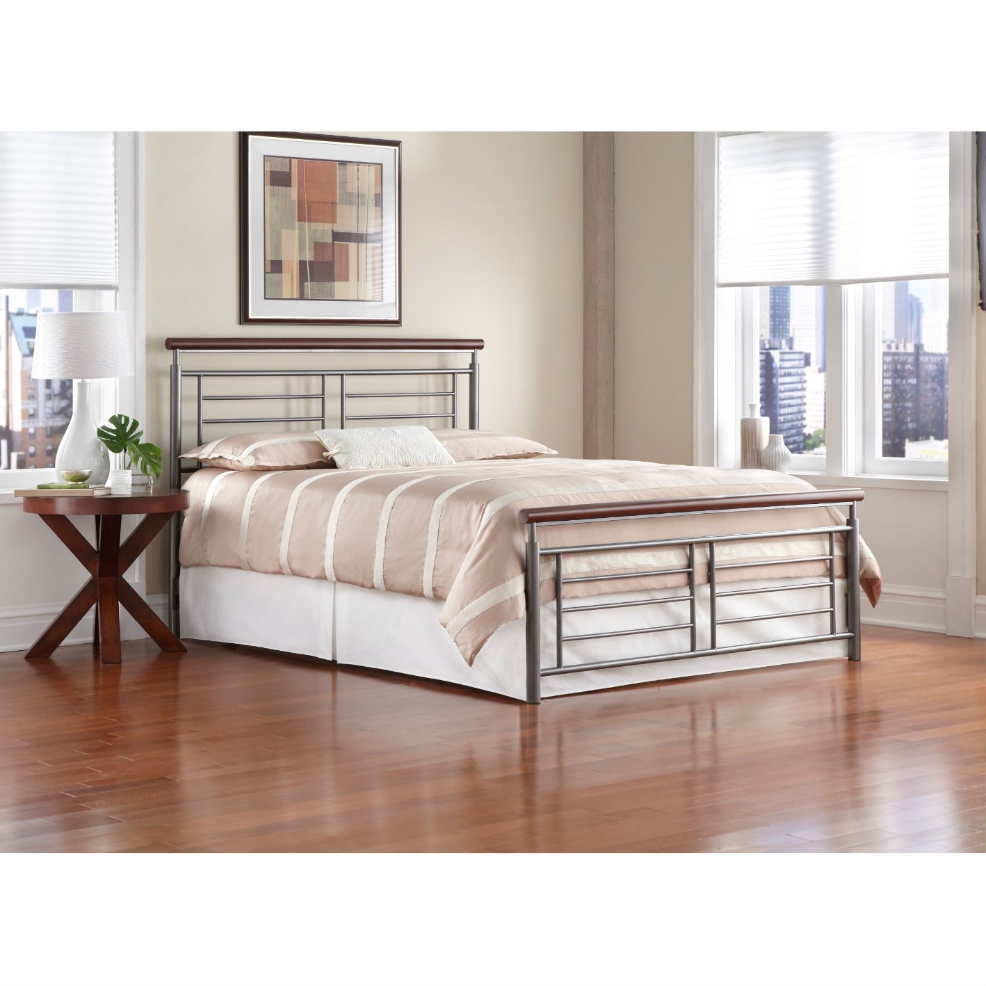 King size Contemporary Metal Bed in Silver / Cherry Finish