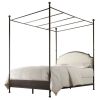 Queen size Metal Canopy Bed with White Cream Linen Upholstered Headboard