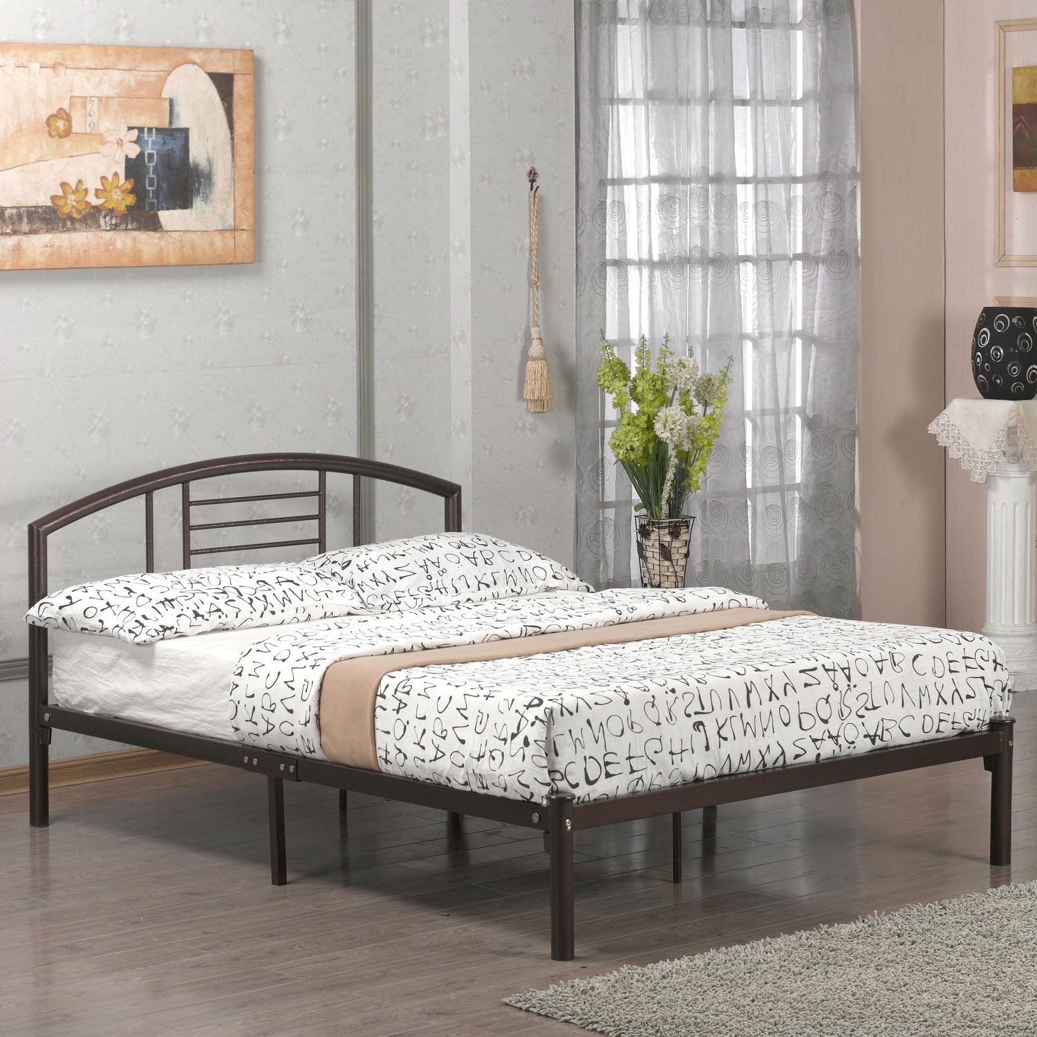 Queen size Contemporary Metal Platform Bed Frame with Headboard in Bronze Finish