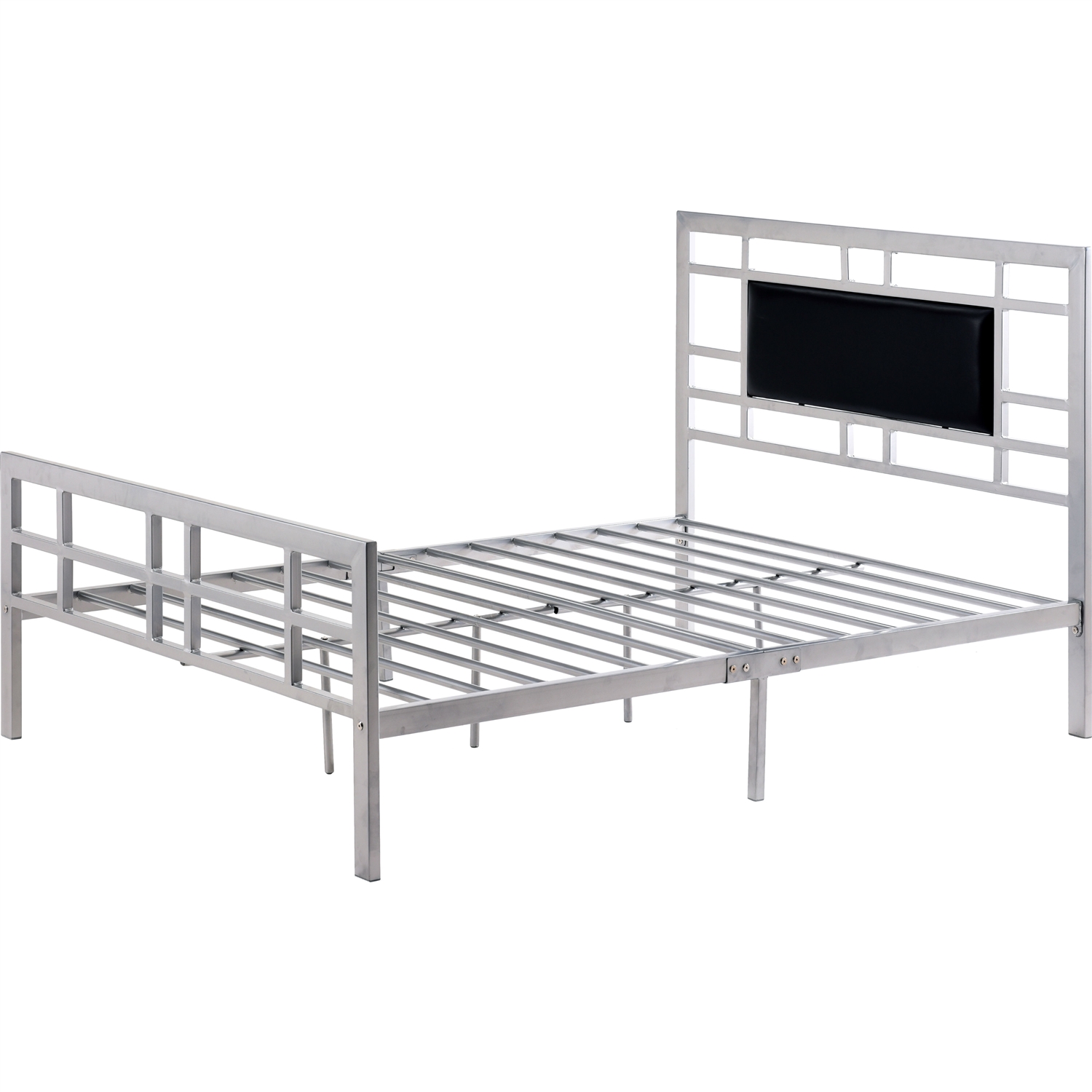 Queen Modern Classic Silver Metal Platform Bed Frame with Upholstered Headboard