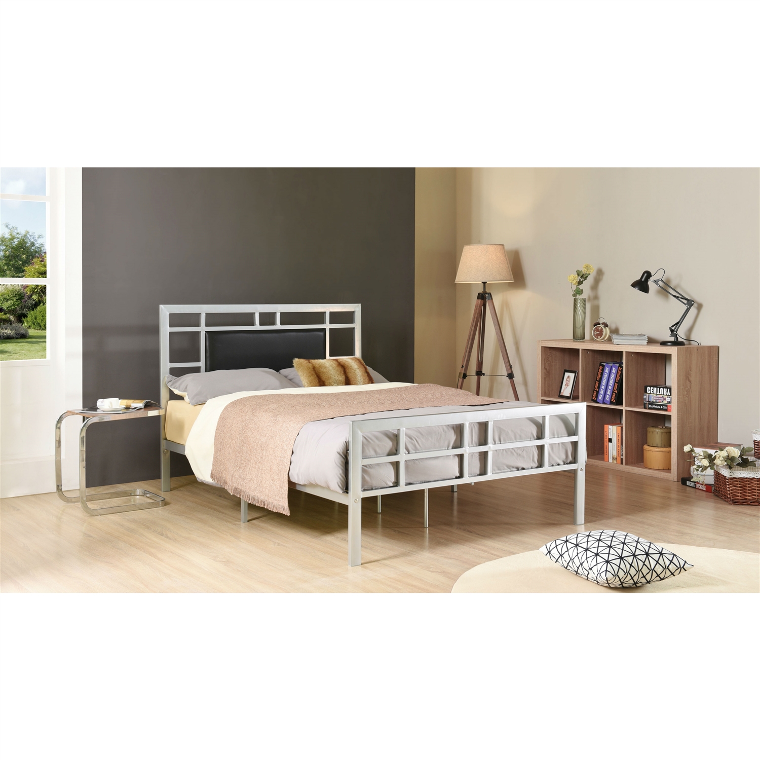 Queen Modern Classic Silver Metal Platform Bed Frame with Upholstered