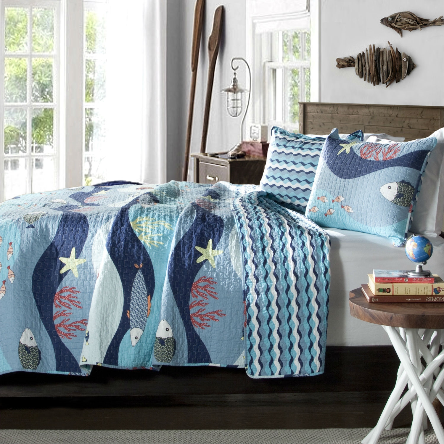 Twin Blue Serenity Sea Fish Coral Coverlet Quilt Bedspread Set