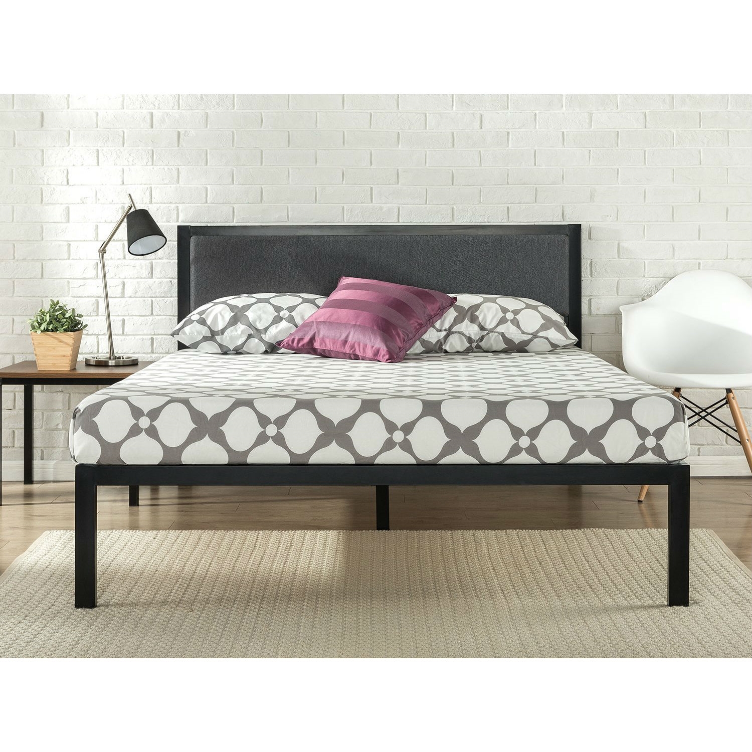 Full size Metal Platform Bed Frame with Wood Slats and Upholstered