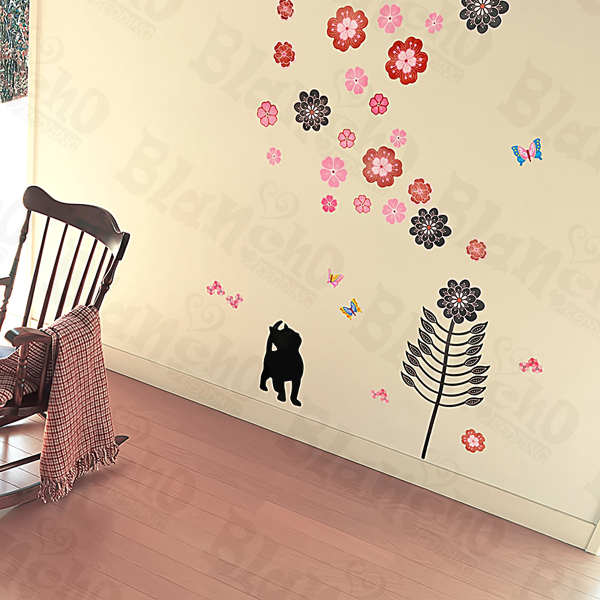 Cat & Flowers - Large Wall Decals Stickers Appliques Home Decor