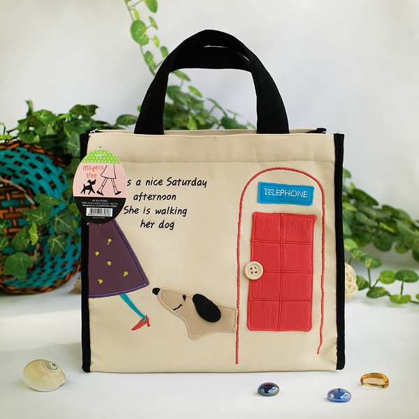 [Dog At Phone Booth] Embroidered Applique Fabric Art Lunch Tote / Lunch Box Bag  (8.7*8*4.4)