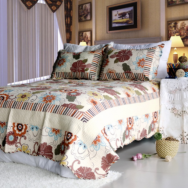 [Shaine] Cotton 3PC Floral Vermicelli-Quilted Printed Quilt Set (Full/Queen Size)