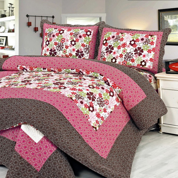[Eranthe] Cotton 3PC Floral Vermicelli-Quilted Printed Quilt Set (Full/Queen Size)