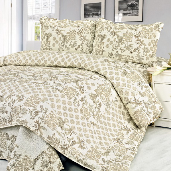 [Feronia] Cotton 3PC Floral Vermicelli-Quilted Printed Quilt Set (Full/Queen Size)