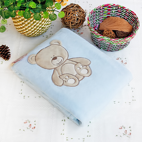 [Lovely Bear] Embroidered Applique Polar Fleece Baby Throw Blanket (30.7 by 39.4 inches)