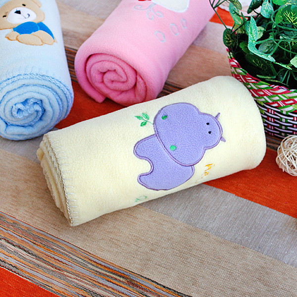 [Purple Hippo - Yellow] Embroidered Applique Coral Fleece Baby Throw Blanket (29.5 by 39.4 inches)