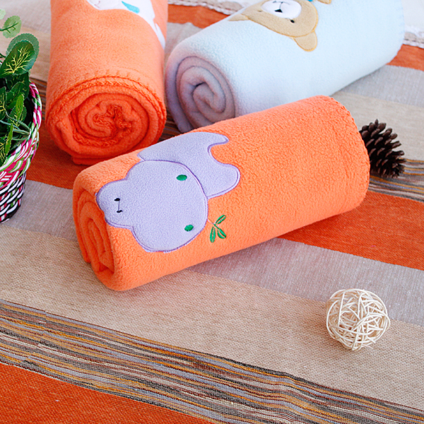 [Purple Hippo - Orange] Embroidered Applique Coral Fleece Baby Throw Blanket (29.5 by 39.4 inches)