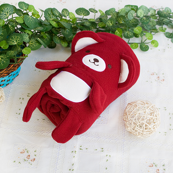 [Happy Bear - Dark Red] Embroidered Applique Coral Fleece Baby Throw Blanket (42.5 by 59.1 inches)