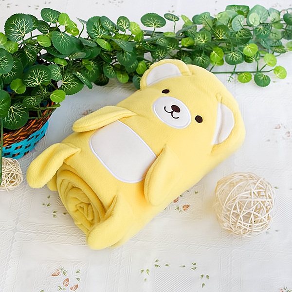[Happy Bear - Yellow] Embroidered Applique Coral Fleece Baby Throw Blanket (42.5 by 59.1 inches)